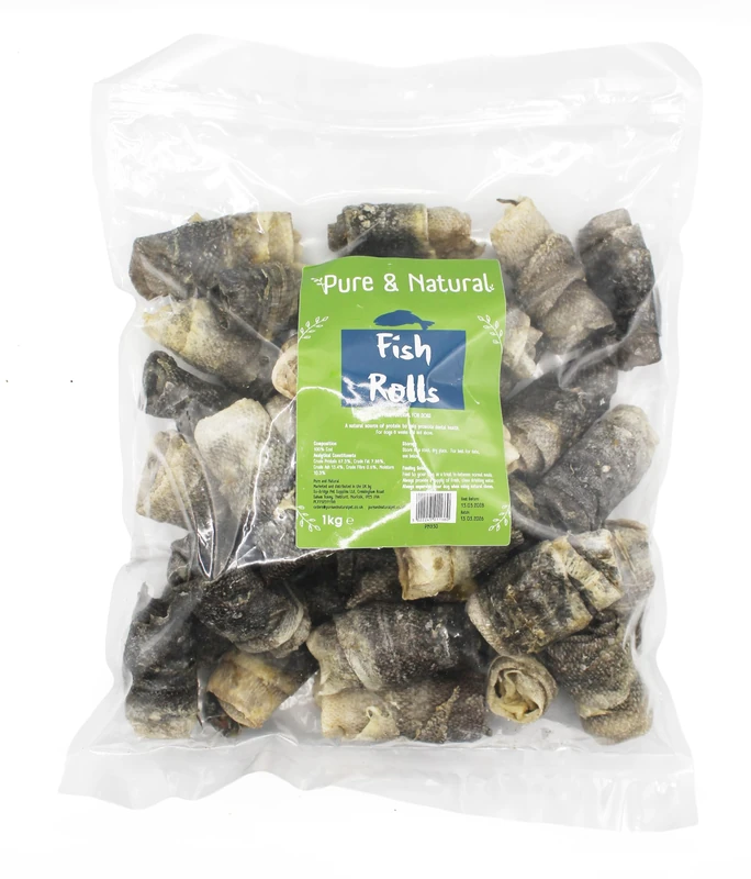 Pure & Natural Whitefish Rolls 1kg, 100% Air Dried Fish Skins for Dogs 1kg, Grain Free Dog Treats and Natural Dog Chews with Omega 3 for Dogs - Image 1