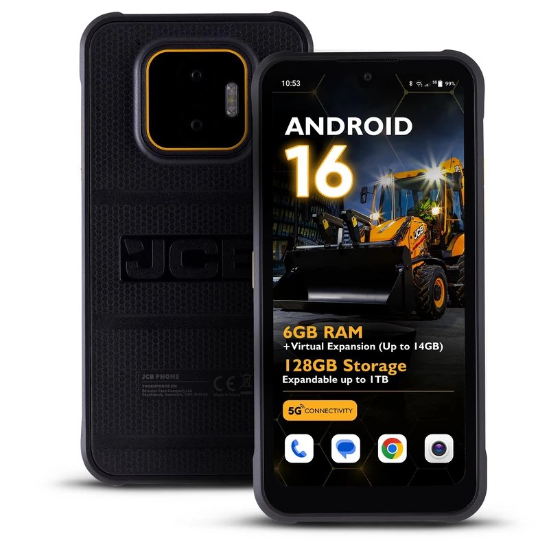JCB Toughphone E50 Rugged Smartphone 5G Android 16 | 6GB RAM 128GB, NFC | 5000mAh Battery, 50MP Camera, Wireless & Fast Charging | Dual SIM + eSIM | IP68 IP69K Waterproof, MIL-STD-810H Shockproof