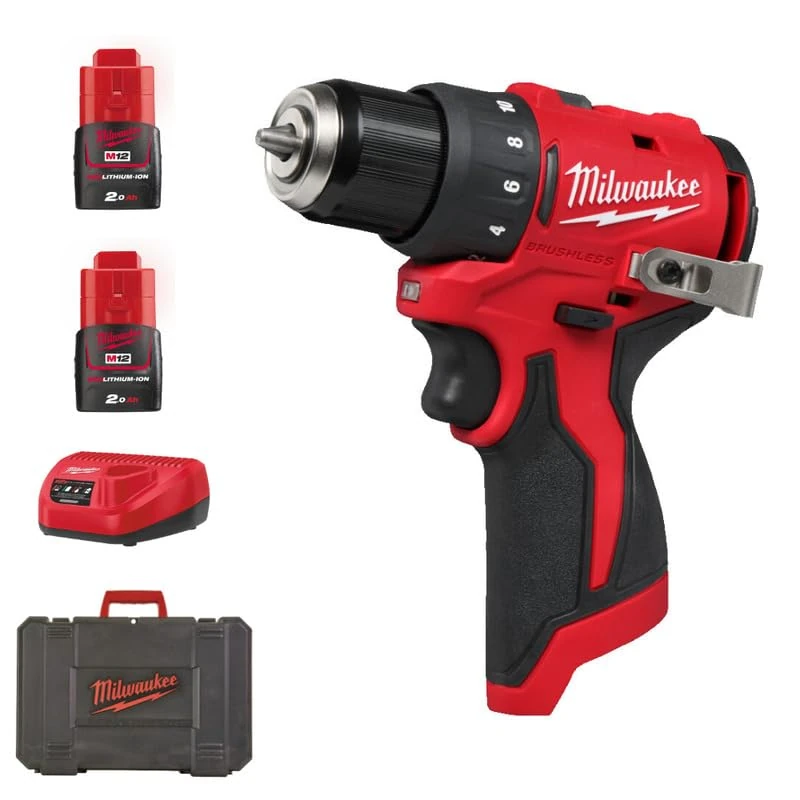 Milwaukee M12BLDDRC-202C 12v Compact Brushless Drill Driver Kit - 2 x 2.0ah Batteries, Chargers and case.