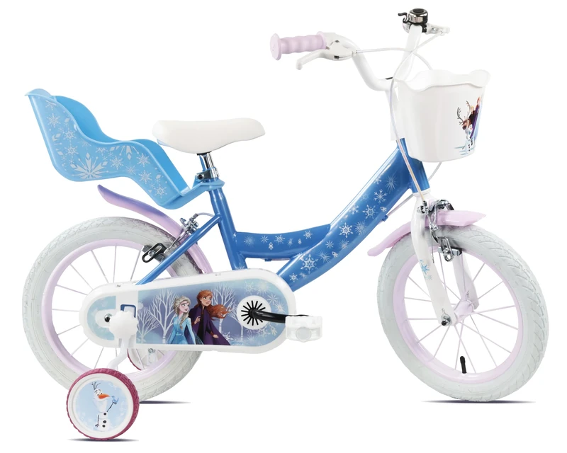 Disney Frozen Girls Bike, 14 Inch Wheels, Steel Frame, with Training Wheels, Front Basket and Rear Dolly Carrier, for Ages 4 to 6
