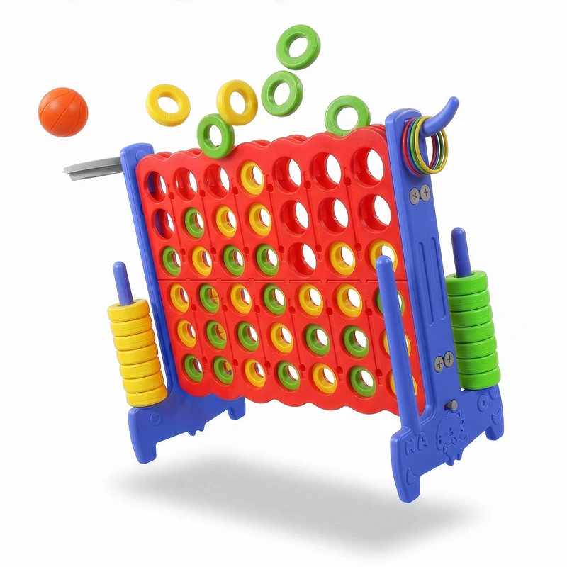 Relaxdays Four in a Row XXL, outdoor, 3-in-1, children & adults, 121x88x44 cm, basketball & ring toss, red/blue