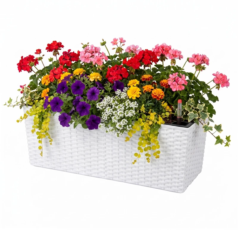 Relaxdays balcony planter, self-watering, HWD: 19x50x19 cm, railing planter w/insert & water level indicator, PP, black