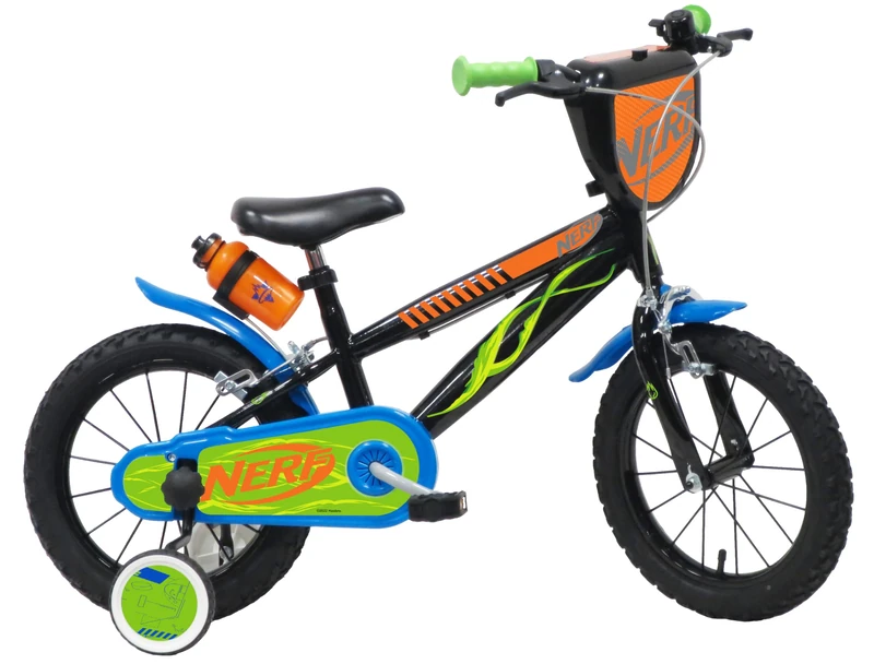 Nerf 14 Inch Kids Bike, Steel Frame, Training Wheels Included, With Water Bottle, for Ages 4 to 6 Years