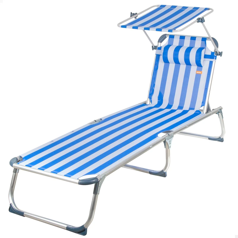 AKTIVE Folding Beach Hammock, Blue Stripes, 186x49x30 cm, 5 Positions, Tipping Stop, Sun Shade Cushion, Support 110 kg, Aluminum Structure, Outdoor Terrace Lounger, Garden Hammocks (62475)