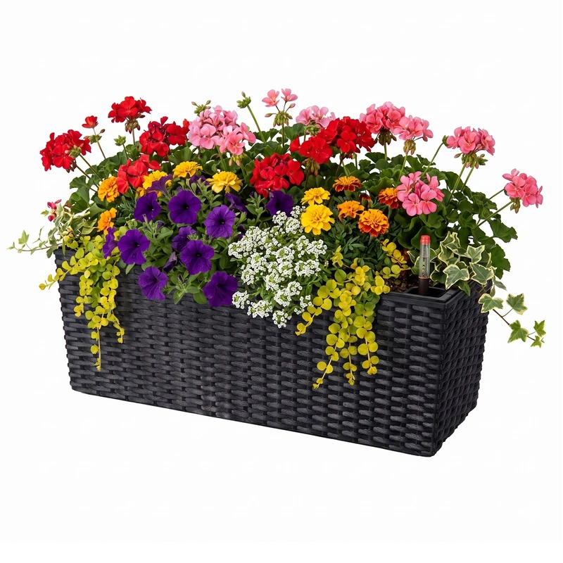 Relaxdays balcony planter, self-watering, HxWxD: 19x50x19 cm, railing box with insert & fill-level indicator, PP, black - Image 1
