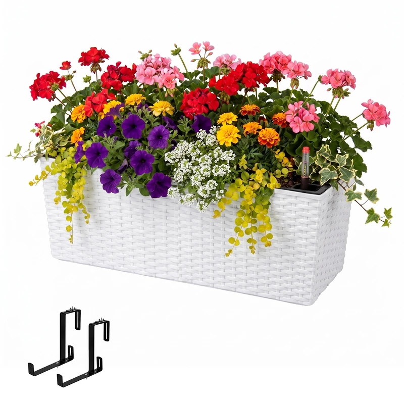Relaxdays balcony planter, self-watering, HxWxD: 19x50x19 cm, railing brackets, insert & level indicator, PP, white - Image 1