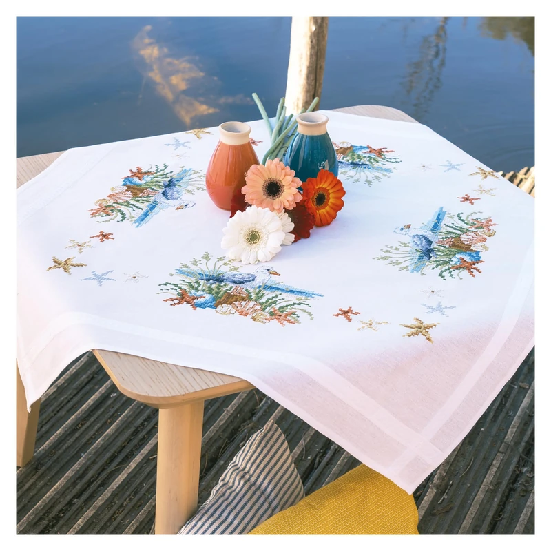 VERVACO Cross Stitch Embroidery Kits Tablecloth Sea Breeze Embroidery Blankets Pre-Drawn Crafts Adult Creative Set Pre-Printed Blanket Embroidery 80 x 80 cm Embroidery Set DIY Embroidery Set
