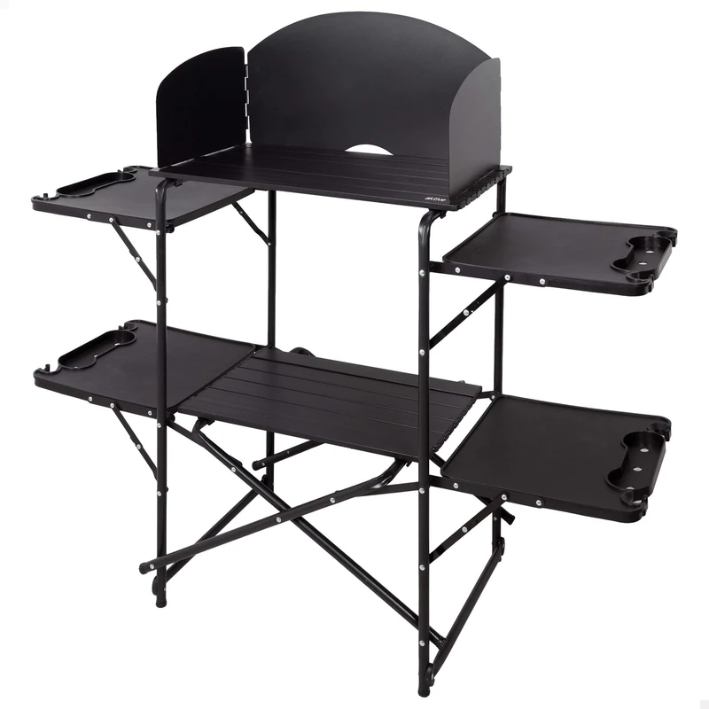 AKTIVE Folding Camping Cabinet, Black, 130 x 48 x 118 cm, Steel Frame, Supports 30 kg, Transport Bag, Portable Folding Table, Furniture Camper Van (63175)