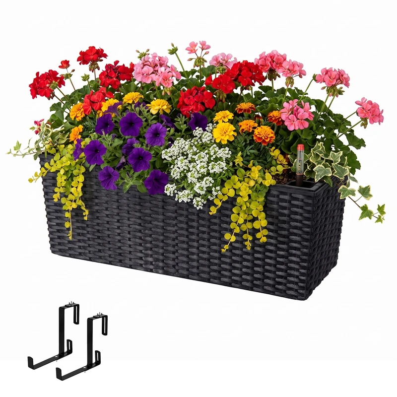 Relaxdays balcony planter, self-watering, HWD: 19x50x19 cm, railing bracket, insert & indicator, PP, black - Image 1