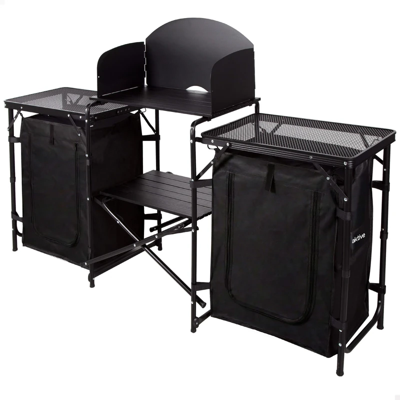 AKTIVE Camping Kitchen Kit, 175 x 48 x 110 cm, Black, Metal Windshield, Polyester Fabric Cabinets, Steel Frame, Supports 30 kg, Carry Bag, Folding Picnic Table (63174) - Image 1