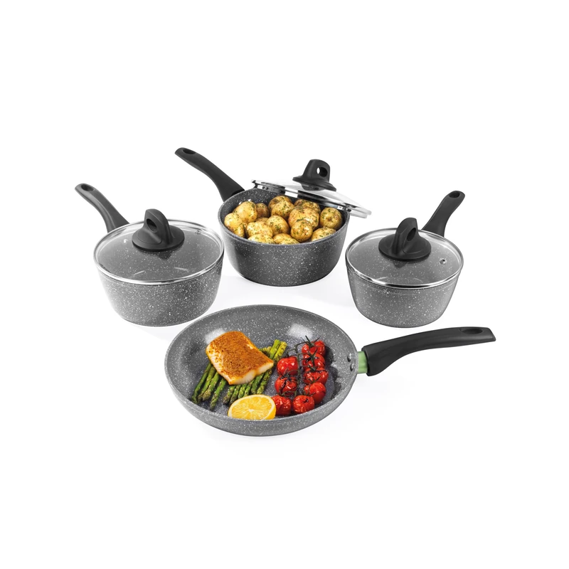 Salter Go Green Thermo Collar 4 Piece Pan Set - Heat Indicator Technology, PFAS-Free, 16, 18, 20cm Saucepans with Lids & 24cm Frying Pan, Ceramic Non-Stick, Soft Touch Handles, Forged Aluminium