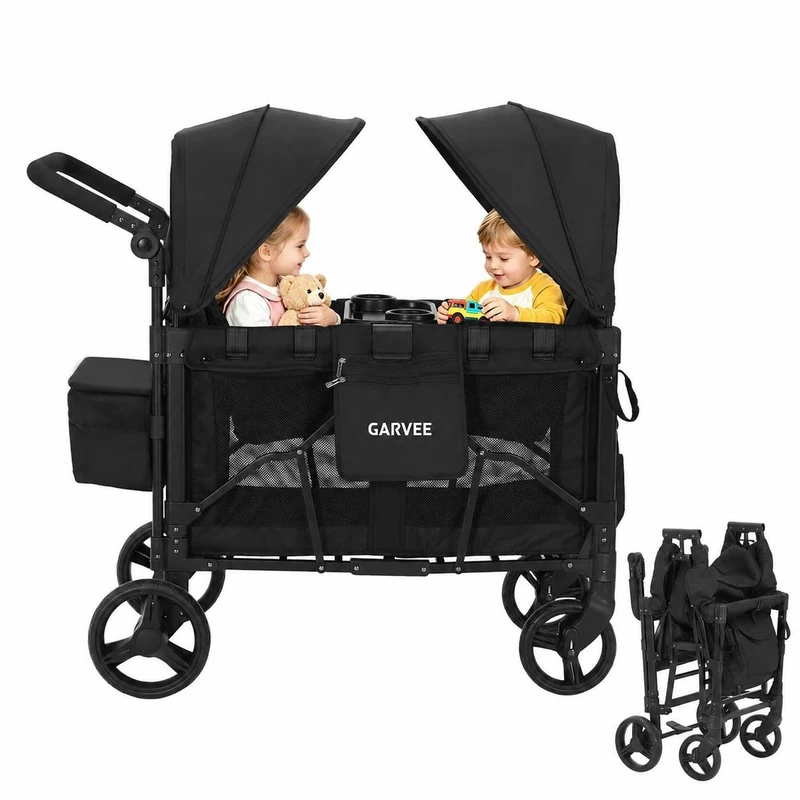 Handcart for 2 Children, Handcart Foldable Children with Snack Shelf with Seats, Removable Sun Canopy, 5-Point, Swiveling/Lockable Wheels and 600D Oxford Fabric - Image 1
