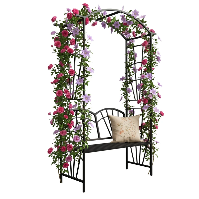 Relaxdays Metal Rose Arch Height 210 x 134 x 48 cm Arch with Bench Stable Trellis Arch for Climbing Plants Black