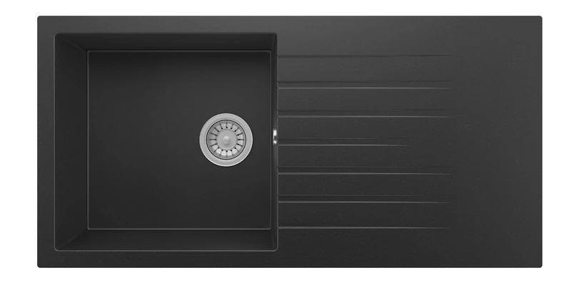 Respekta Almonto Solid Granite Sink, 100 x 50 cm, Black, Built-in Sink, Reversible, Draining Board, Highly Scratch-Resistant and Heat Resistant