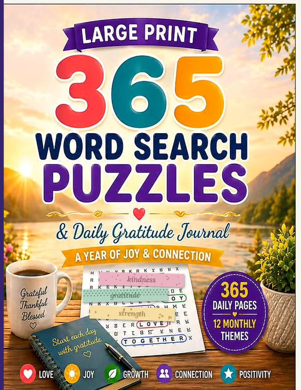 365 Large Print Word Search Puzzles & Daily Gratitude Journal: A Year of Joy, Connection & Mindfulness — 365 Daily Pages with 12 Monthly Themes