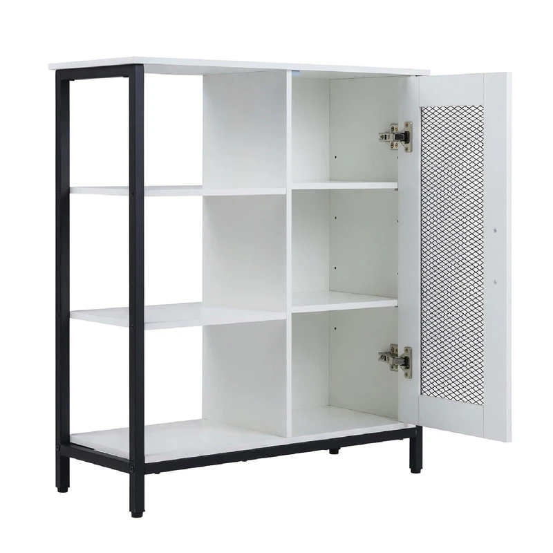 GiantexUK Kitchen Sideboard, Wooden Buffet Cabinet with Door, Adjustable Shelf and 3 Open Shelves, Freestanding Storage Cupboard Unit for Dining Living Room (1 Wire Door, White, 70x30x81cm)