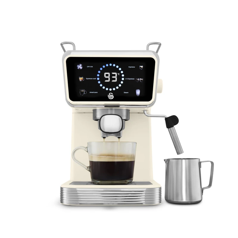 Swan Retro Pump Espresso Coffee Machine, Digital Smart Touch Display, 5 Pre-Sets, 20 Bar Pressure, Milk Frother for Latte and Cappuccino Drinks, 1 & 2-Shot Filters, 1.5 Litre, Cream, SK22113CRM - Image 1