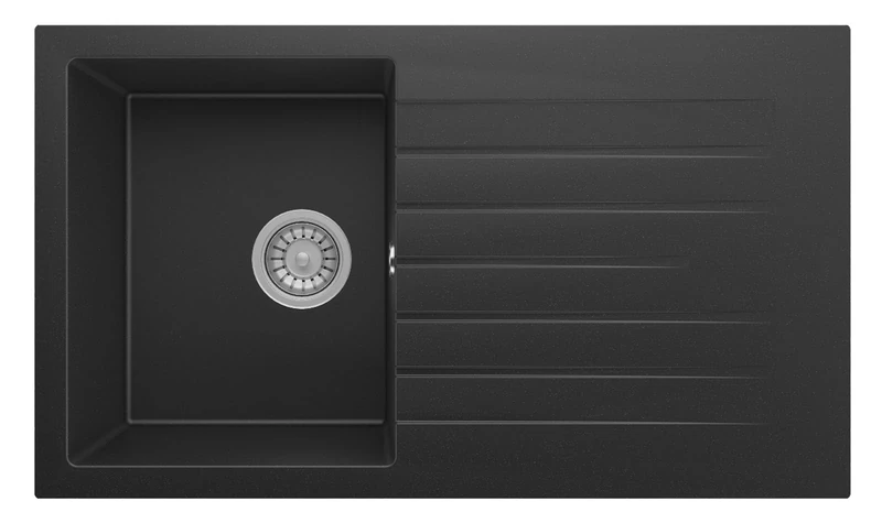 Respekta Almonto Mineralite Sink, 86 x 50 cm, Black Solid Granite Sink, Reversible, Heat Resistant and Scratch-Resistant, Includes Drain Fitting - Image 1