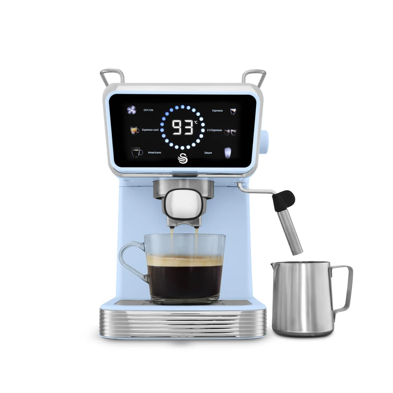 Swan Retro Pump Espresso Coffee Machine, Digital Smart Touch Display, 5 Pre-Sets, 20 Bar Pressure, Milk Frother for Latte and Cappuccino Drinks, 1 & 2-Shot Filters, 1.5 Litre, Blue, SK22113BLU
