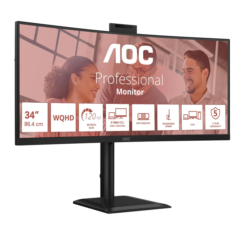 AOC CU34E4CW 34 inch UW-QHD Monitor Curved, 120Hz, VA Panel, 4ms GtG, HDR Ready/HDR10, Height Adjustment, Webcam, Speakers, (3440x1440 HDMI 2x 2.1 TMDS DP 1x 1.4 USB Hub) Black