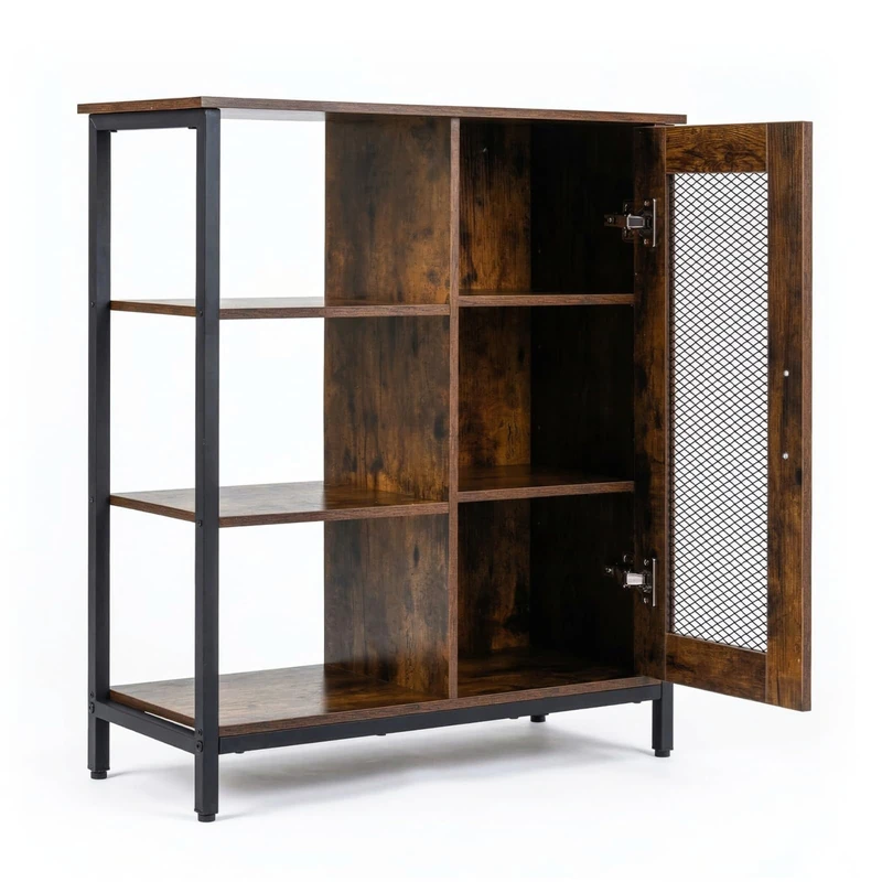 GiantexUK Industrial Kitchen Sideboard, Wooden Buffet Cabinet with Door, Adjustable Shelf and 3 Open Shelves, Freestanding Storage Cupboard Unit for Dining Living Room (1 Wire Door, Brown, 70x30x81cm)