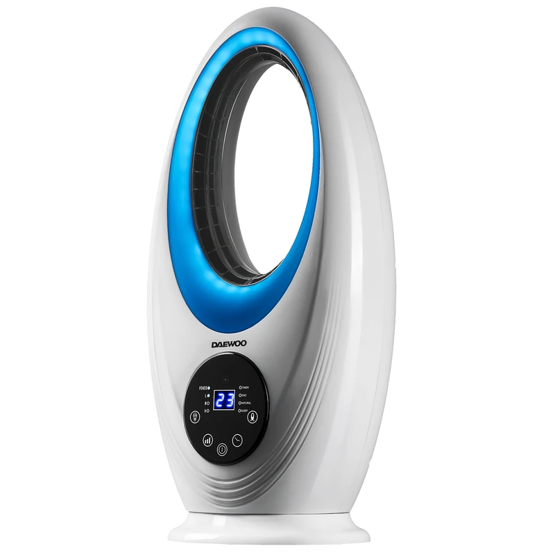 Daewoo Bladeless Desktop Fan with Remote Control, 3 Speeds & Natural Mode, 12 Hour Timer, Oscillating Desk Fan, Quiet Cooling for Home Office Bedroom, LED Light Fan, Safe & Compact Design