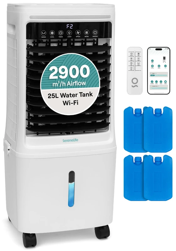 SereneLife Portable Air Cooler 25L with WiFi Remote Control – 1700 CFM Evaporative Cooling Fan with Ice Packs 60° Oscillation Timer Quiet Energy Efficient for Large Room Home Office Bedroom - Image 1