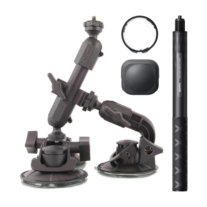 Insta360 X5 Car Mount Accessory Kit with Fat Gecko Triple Suction Cup Mount, Action Invisible Selfie Stick, Premium Lens Guards and Lens Cap