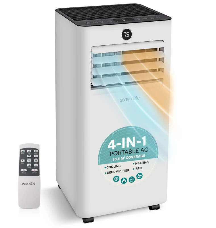 SereneLife Portable Air Conditioner 9000 BTU Cooling 7000 BTU Heat, 4-in-1 AC Unit for Home Office Room up to 31 m², Cooling Fan Dehumidifier with Window Kit Remote Control Quiet Low Noise