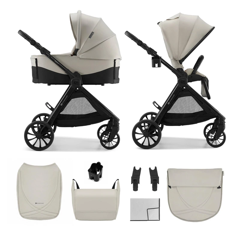 Kinderkraft VESTO 2 2-in-1 Stroller, Pushchair and Carrycot, Reversible Seat, Memory Buttons, Self-Standing Fold, All-Wheel Suspension, Treaded Wheels, 3-Zone Ventilation, Rain Cover, Bag, Beige