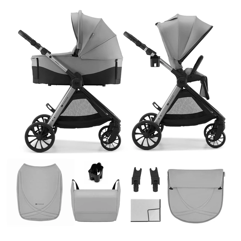 Kinderkraft VESTO 2 2-in-1 Stroller, Pushchair and Carrycot, Reversible Seat, Memory Buttons, Self-Standing Fold, All-Wheel Suspension, Treaded Wheels, 3-Zone Ventilation, Rain Cover, Bag, Grey