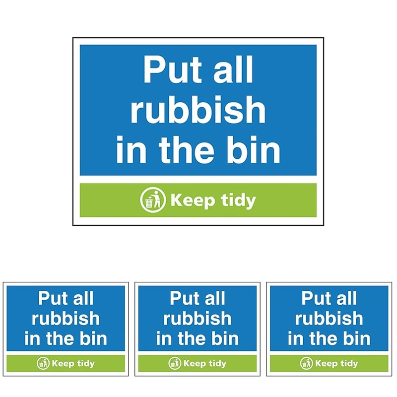 V Safety Put All Rubbish In the Bin Keep Tidy 400 x 300 mm - 1mm Rigid Plastic Safety Sign (Pack of 4)