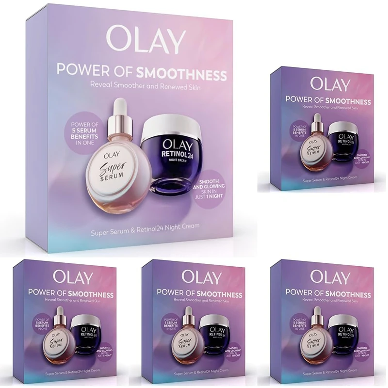 Olay Power of Smoothness Gift Set: Super Serum, Niacinamide, Vitamin C with Collagen Peptide 30ml + Retinol 24 Night Cream Face Moisturiser for Women 50ml, Anti-Aging Skincare (Pack of 5)