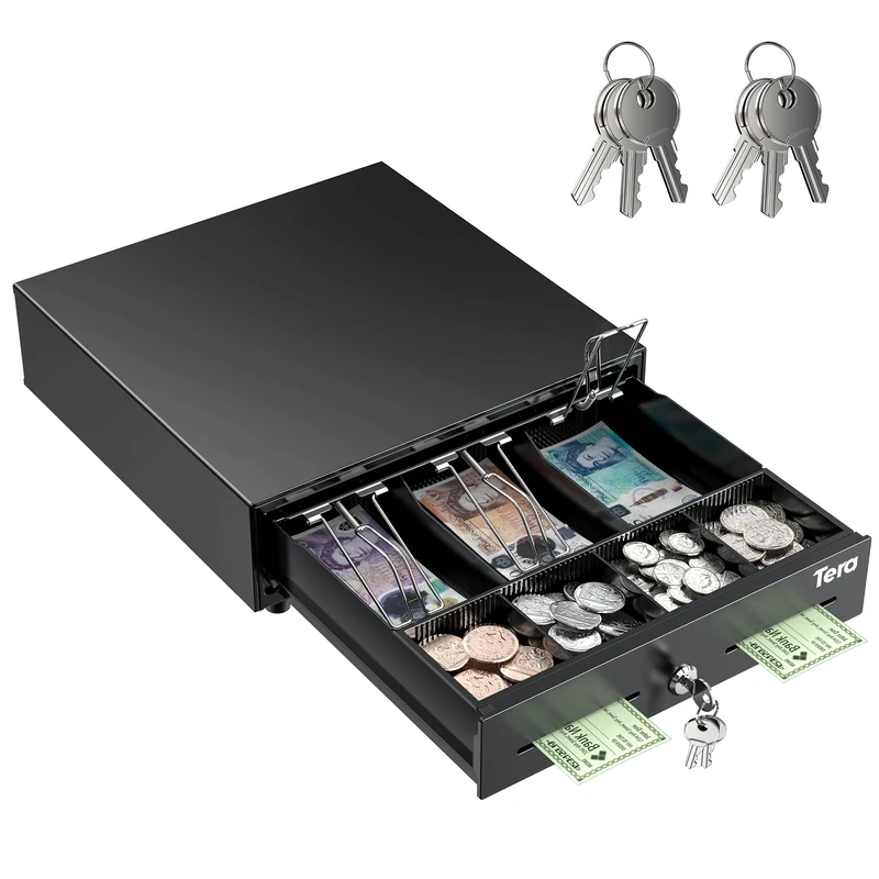 Tera Heavy Duty Cash Drawer 13": 3 Bill 4 Coin Cash Till Register 335 x 330 x 105 mm RJ12 Interface 12V Media Slot POS System Auto Manual Open with 6 Keys Lock Cash Drawer for Bar Coffee Retail 330B