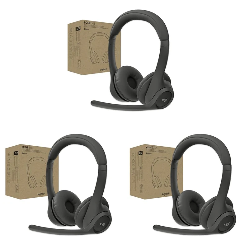Logitech Zone 305 for Business, Wireless Bluetooth Headset With Microphone, for Google Meet, Google Voice, Zoom, Compatible With Windows, Mac, Chrome, Linux, iOS, iPadOS, Android - Black (Pack of 3)