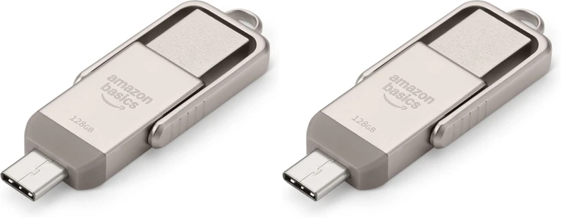 Amazon Basics USB Flash Drive, Thumb Drive Memory Stick with USB C and USB A Dual Ports, 128GB, Champagne Silver (Pack of 2)