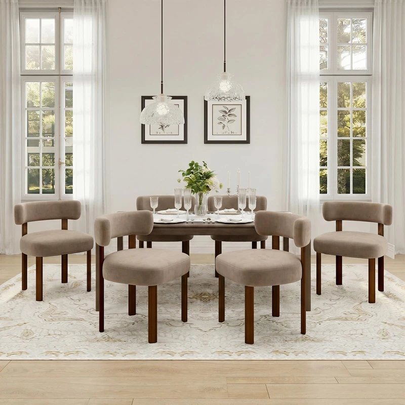 COLAMY Wooden Dining Chairs Set of 6, Velvet Fabric Chairs for Dining Room with Open Curved Backrest and Thick Seat Cushion, Upholstered Kitchen Chair with Anti-Slip Pads, Khaki