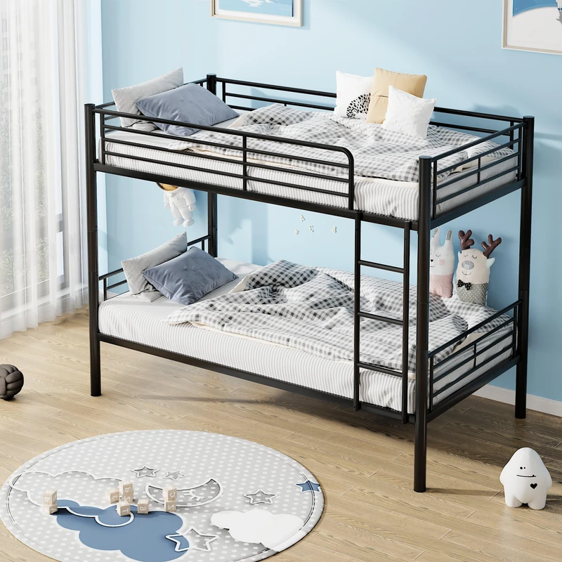 VECELO Metal Bunk Bed with Ladder, Single over Single Loft Bed Frame with Safety Guardrails for Teens, Adults, Noise Free, No Boxing Spring Needed, Black