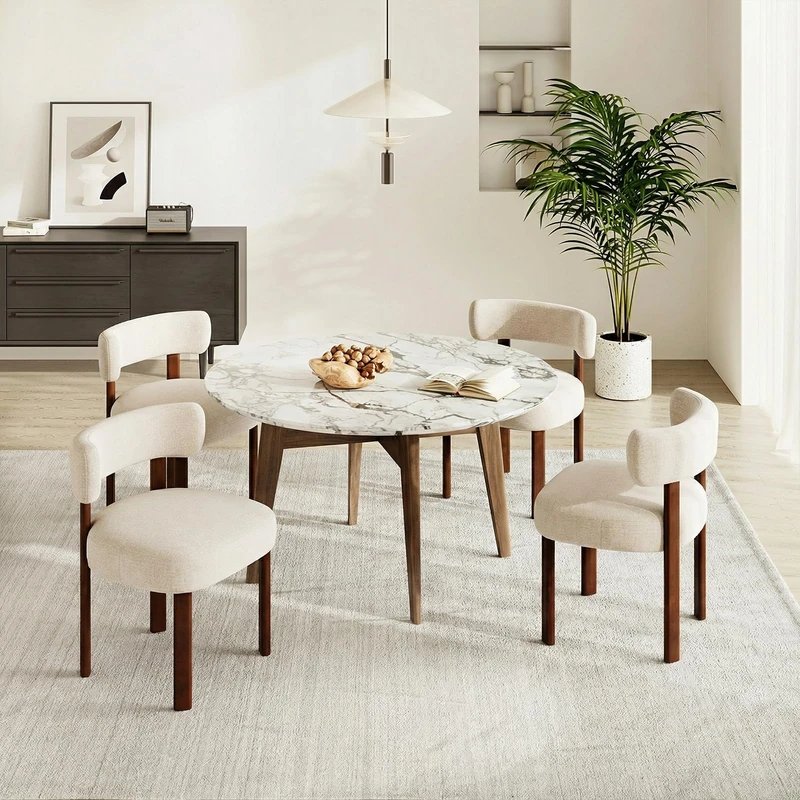 COLAMY Wooden Dining Chairs Set of 4, Fabric Chairs for Dining Room with Open Curved Backrest and Thick Seat Cushion, Upholstered Kitchen Chair with Anti-Slip Pads, Oatmeal