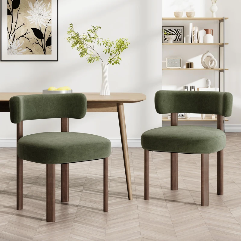 COLAMY Wooden Dining Chairs Set of 2, Velvet Fabric Chairs for Dining Room with Open Curved Backrest and Thick Seat Cushion, Upholstered Kitchen Chair with Anti-Slip Pads, Green