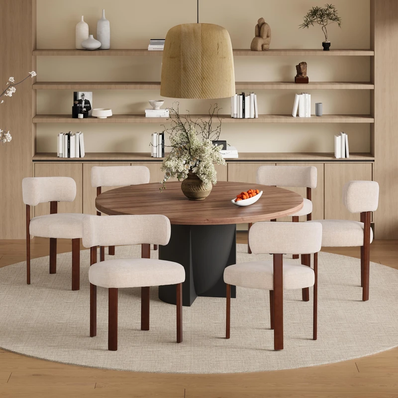 COLAMY Wooden Dining Chairs Set of 6, Fabric Chairs for Dining Room with Open Curved Backrest and Thick Seat Cushion, Upholstered Kitchen Chair with Anti-Slip Pads, Oatmeal