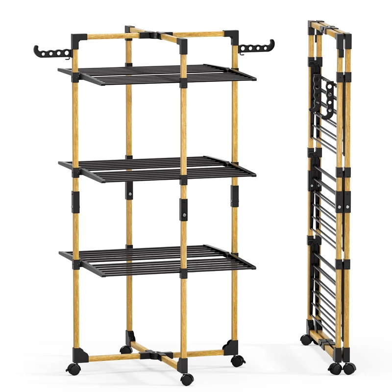 VOUNOT® 3-Tier Foldable Clothes Airer 25m Drying Rack Indoor Outdoor, Black