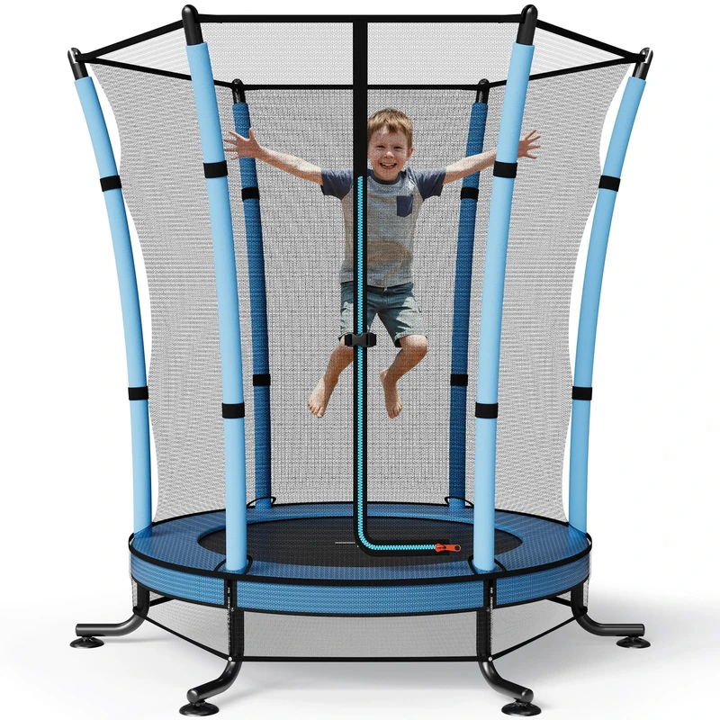JUMMICO 55’’Kids Trampoline with Enclosure Net Indoor Outdoor Toddler Trampoline for Children Age 3-10 Safety Net, Integrated Mat & Anti-Slip Base (140cm x 180cm)