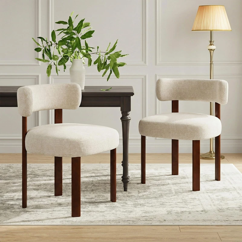 COLAMY Wooden Dining Chairs Set of 2, Fabric Chairs for Dining Room with Open Curved Backrest and Thick Seat Cushion, Upholstered Kitchen Chair with Anti-Slip Pads, Oatmeal