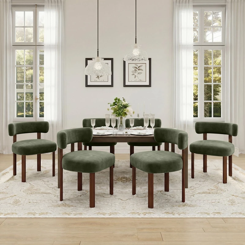 COLAMY Wooden Dining Chairs Set of 6, Velvet Fabric Chairs for Dining Room with Open Curved Backrest and Thick Seat Cushion, Upholstered Kitchen Chair with Anti-Slip Pads, Green