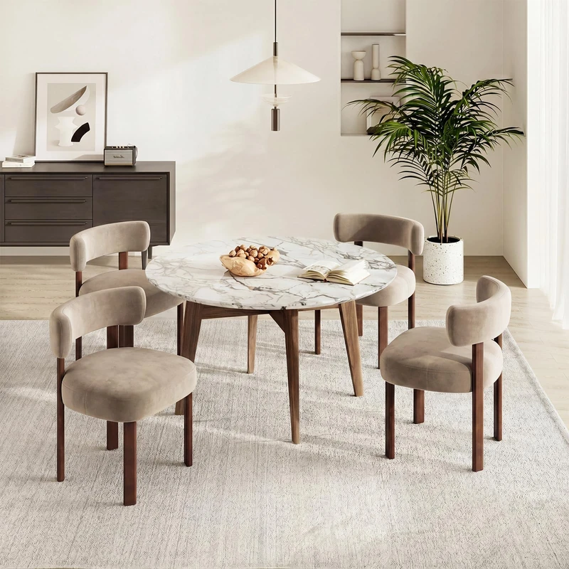 COLAMY Wooden Dining Chairs Set of 4, Velvet Fabric Chairs for Dining Room with Open Curved Backrest and Thick Seat Cushion, Upholstered Kitchen Chair with Anti-Slip Pads, Khaki