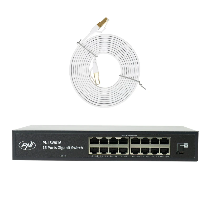 PNI SW016 Switch Bundle 16 x 10/100/1000 Mbps, Gigabit, Metal Housing and 3m CAT8 Patch Cable PNI U8030W - Image 1