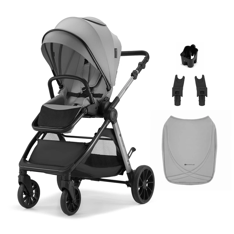 Kinderkraft VESTO 2 Stroller, Pushchair up to 22 kg, Dual-Facing Seat, One-Hand Memory Buttons, Self-Standing Fold, All-Wheel Suspension, Treaded 8” and 11” Wheels, Footmuff, Cup Holder, Grey