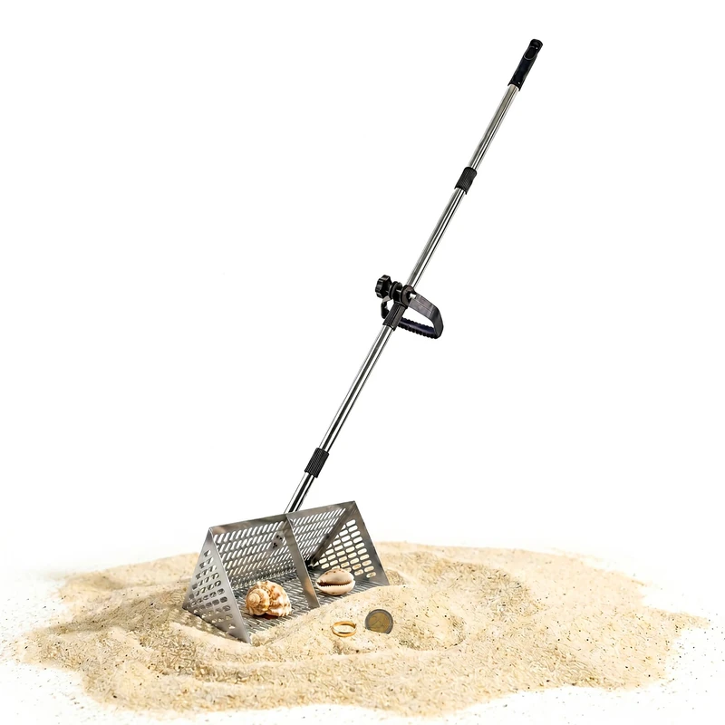Relaxdays Sand Rake, 40 cm sieve, 140 cm handle, metal-detecting treasure hunting & fishing, stainless steel, silver - Image 1
