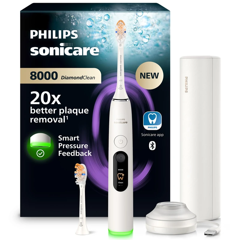 Philips Sonicare Next-Generation DiamondClean 8000 Sonic Electric Toothbrush − with Smart Pressure Feedback, and 15 Settings, Powder White, HX8312/11